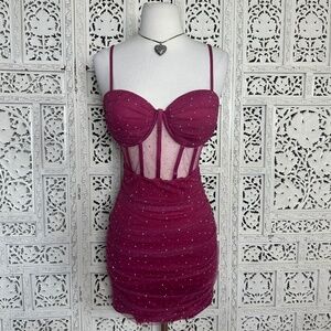 Windsor Pink Rhinestone Corset Mesh Fitted Cocktail Homecoming Party Dress Sz S